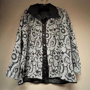 Harubella Hand Made Textured Crinkle Jacket Women Medium Button Front Gray Black